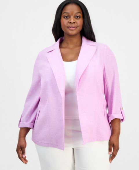 Женский пиджак Kasper Plus Size Linen Open-Front Seamed Roll-Tab-Sleeve Blazer, цвет: Розовый / Белый