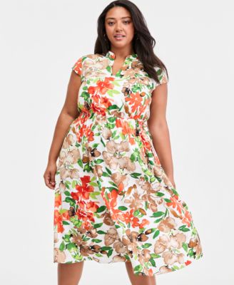Plus Size Printed Split-Neck Cap-Sleeve Dress