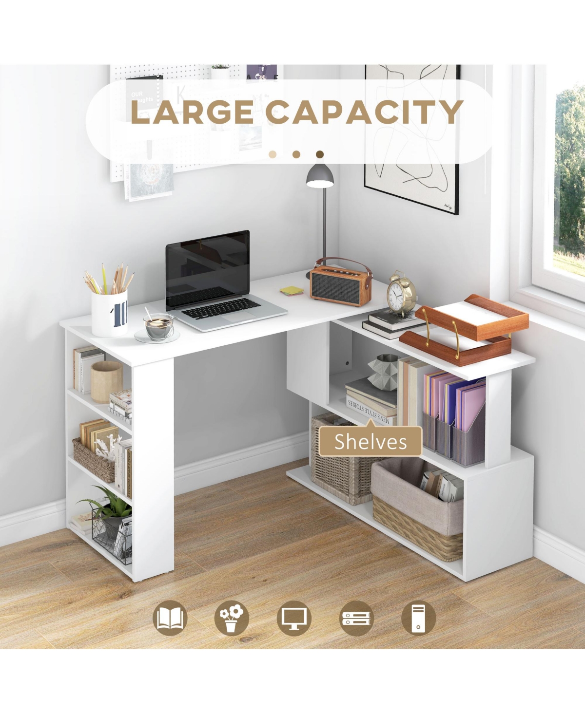 Homcom 360° Rotating Home Office Corner Desk and Storage Shelf Combo L-Shaped Table