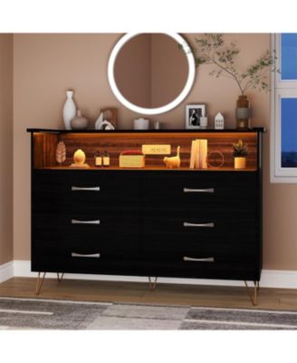 6 Drawer Dressers for Bedroom,Dresser with LED Lights Power Outlet,6-Drawer Wooden Chest with 2-Tier Open Shelf