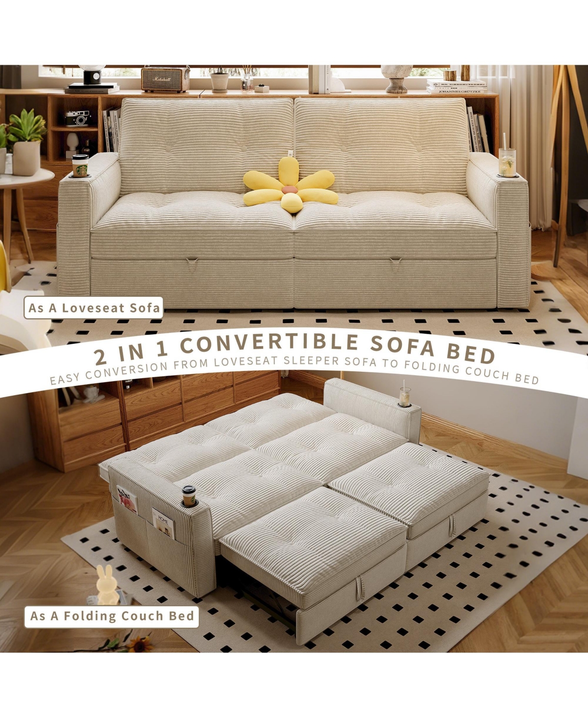 Boyel Living Multi-Functional Convertible Sofa Bed 2-in-1 Pull Out Bed, Modern Corduroy Fabric Couches with Cup Holders