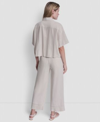 Women's Oversized Linen-Blend Cropped Short Sleeve Shirt