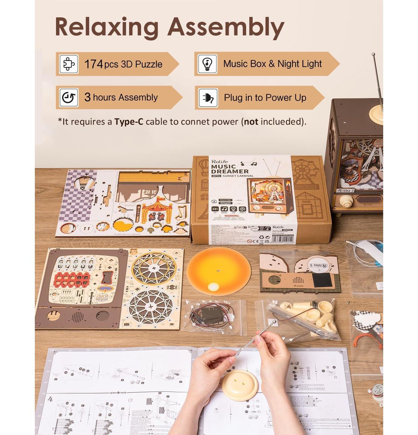 Детский пазл Robotime Sunset Carnival 3D Wooden Music Box 174-Piece Puzzle, Ages 14+ — фото 4