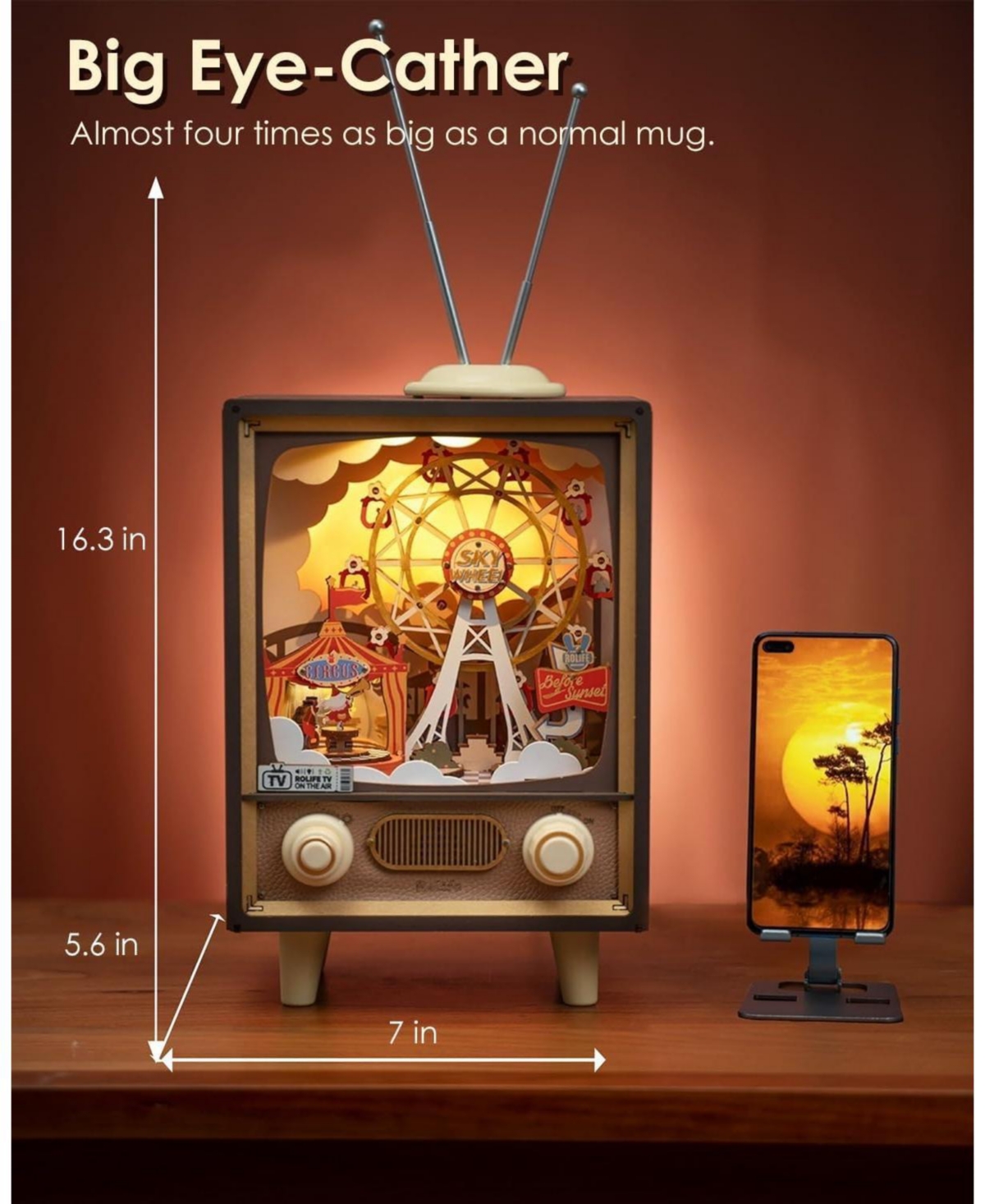 Robotime 3D Wooden Puzzles for Adults Diy Book Nook Kit 16" Ferris Wheel Music Box Model Building Set with Led Crafts for Adults Gifts Girl boy