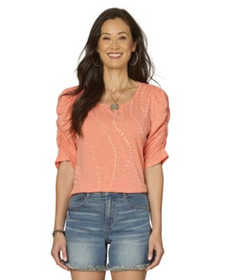 Petite Printed Ruched-Sleeve Scoop-Neck Top