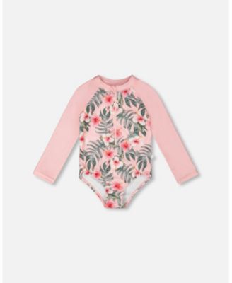 Girls One-Piece Long Sleeve Rashguard Pink Hibiscus Print