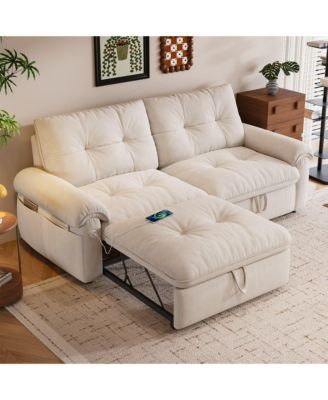 Multifunctional Sofa Bed, 77-inch Modern Velvet Fabric Convertible Sofa Couches, 2-in-1 Pull Out Sofa Bed with USB Charger, Beige