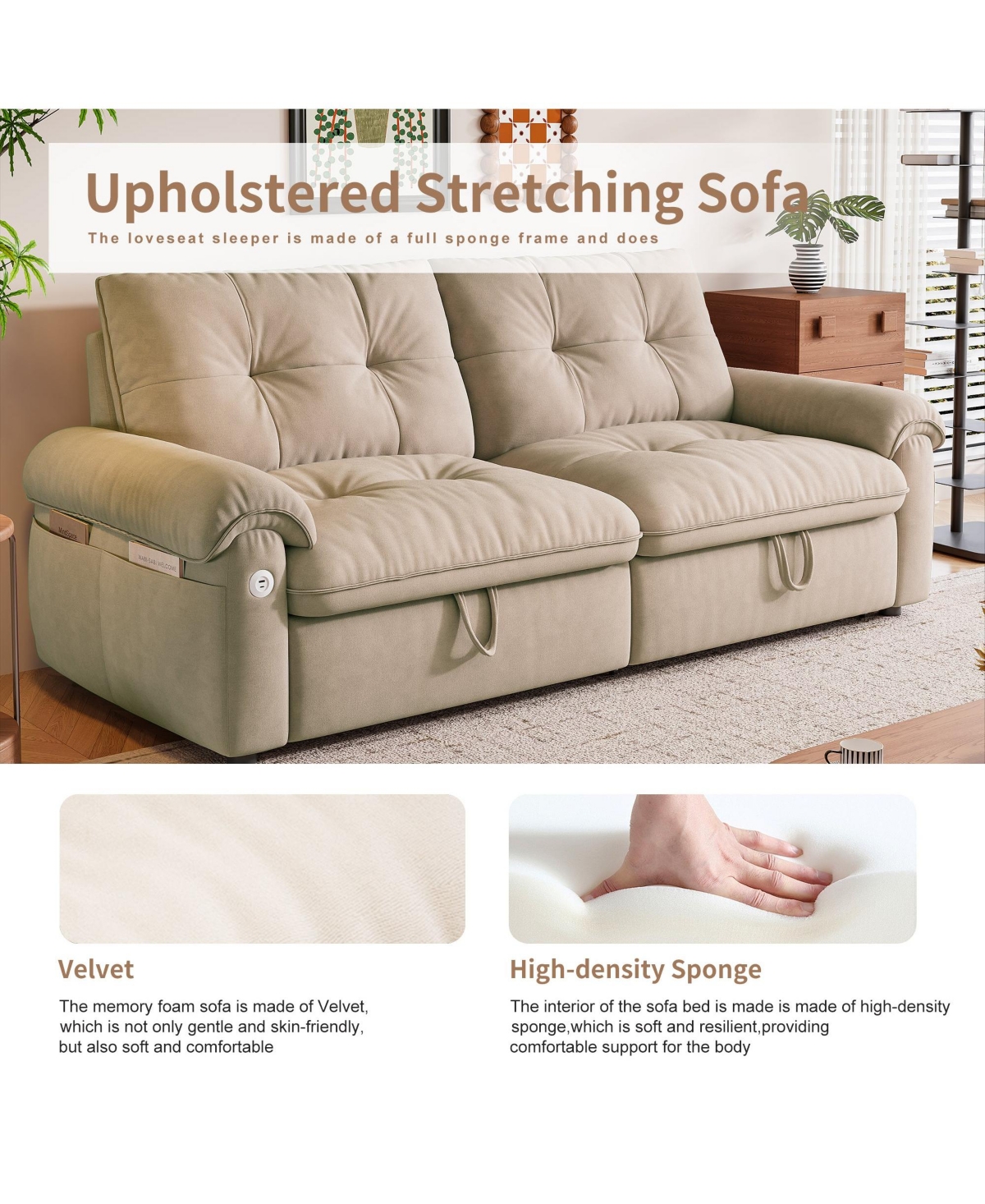 Boyel Living Multifunctional Sofa Bed, 77-inch Modern Velvet Fabric Convertible Couches, 2-in-1 Pull Out Bed with Usb Charger, Beige