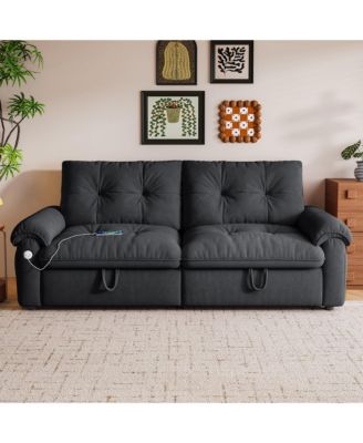 Multifunctional Sofa Bed, 77-inch Modern Velvet Fabric Convertible Sofa Couches, 2-in-1 Pull Out Sofa Bed with USB Charger, Beige