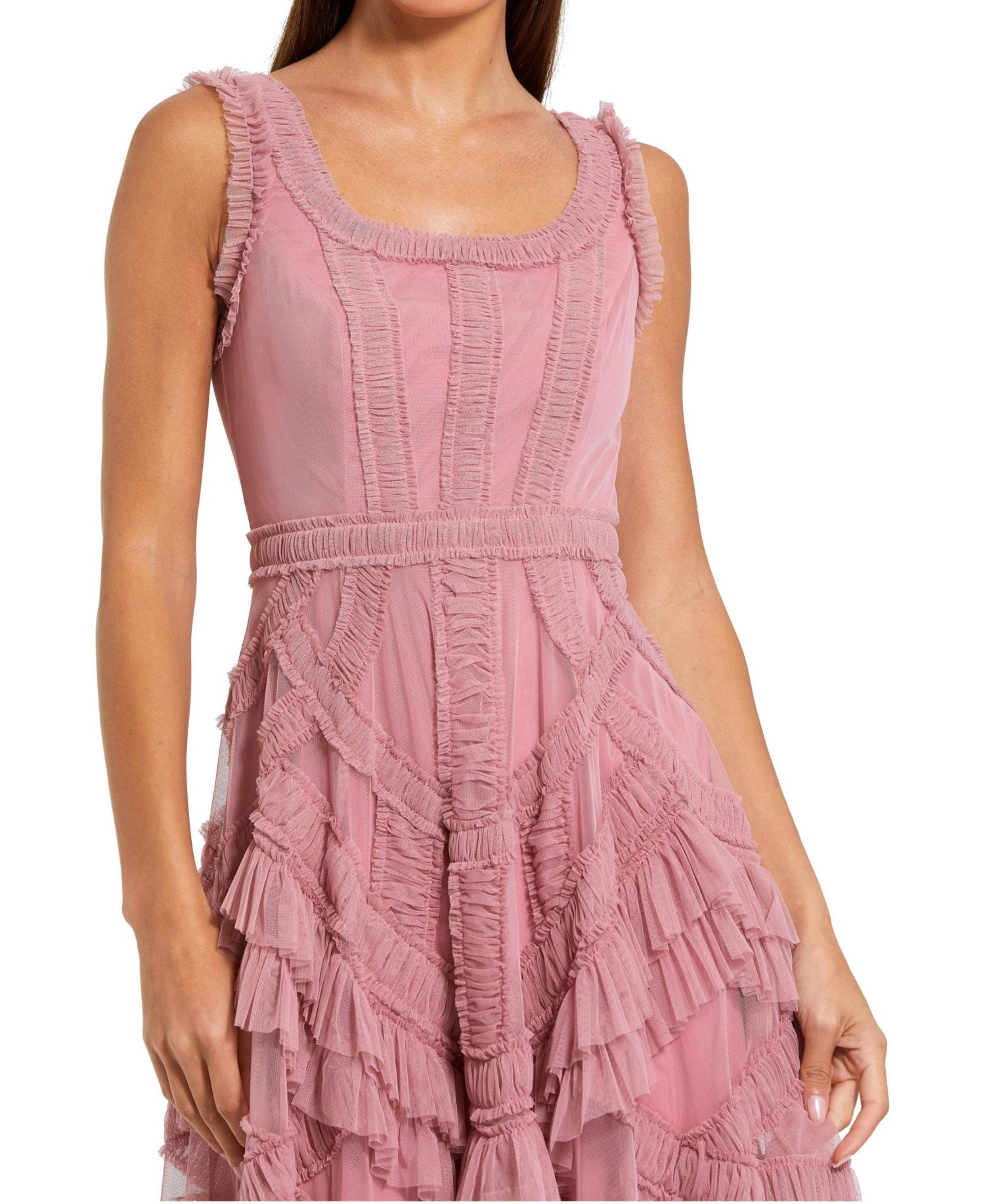 Petite Scoop Neck Sleeveless Mesh Micro Ruffle Midi Dress