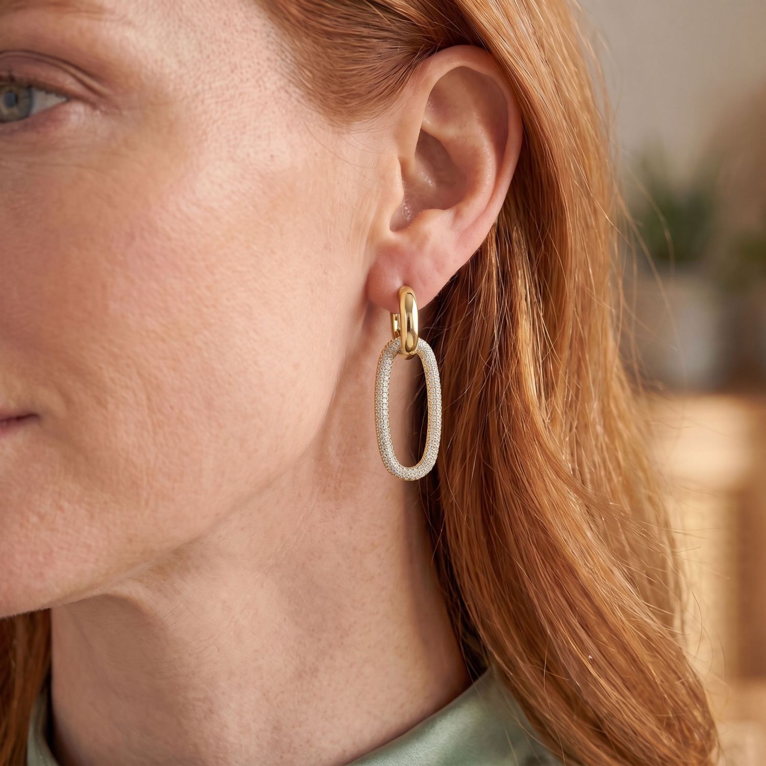 Elegant Cubic Zirconia Encrusted Oval Hoop Drop Earrings
