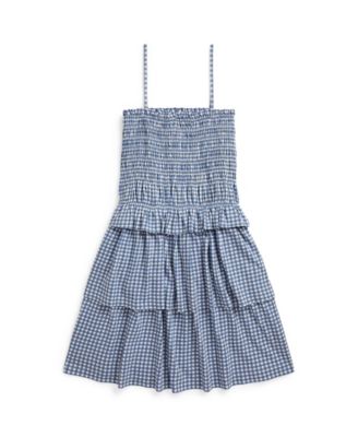 Girls' 7-16 Plaid Smocked Straight Neck Jersey Dress