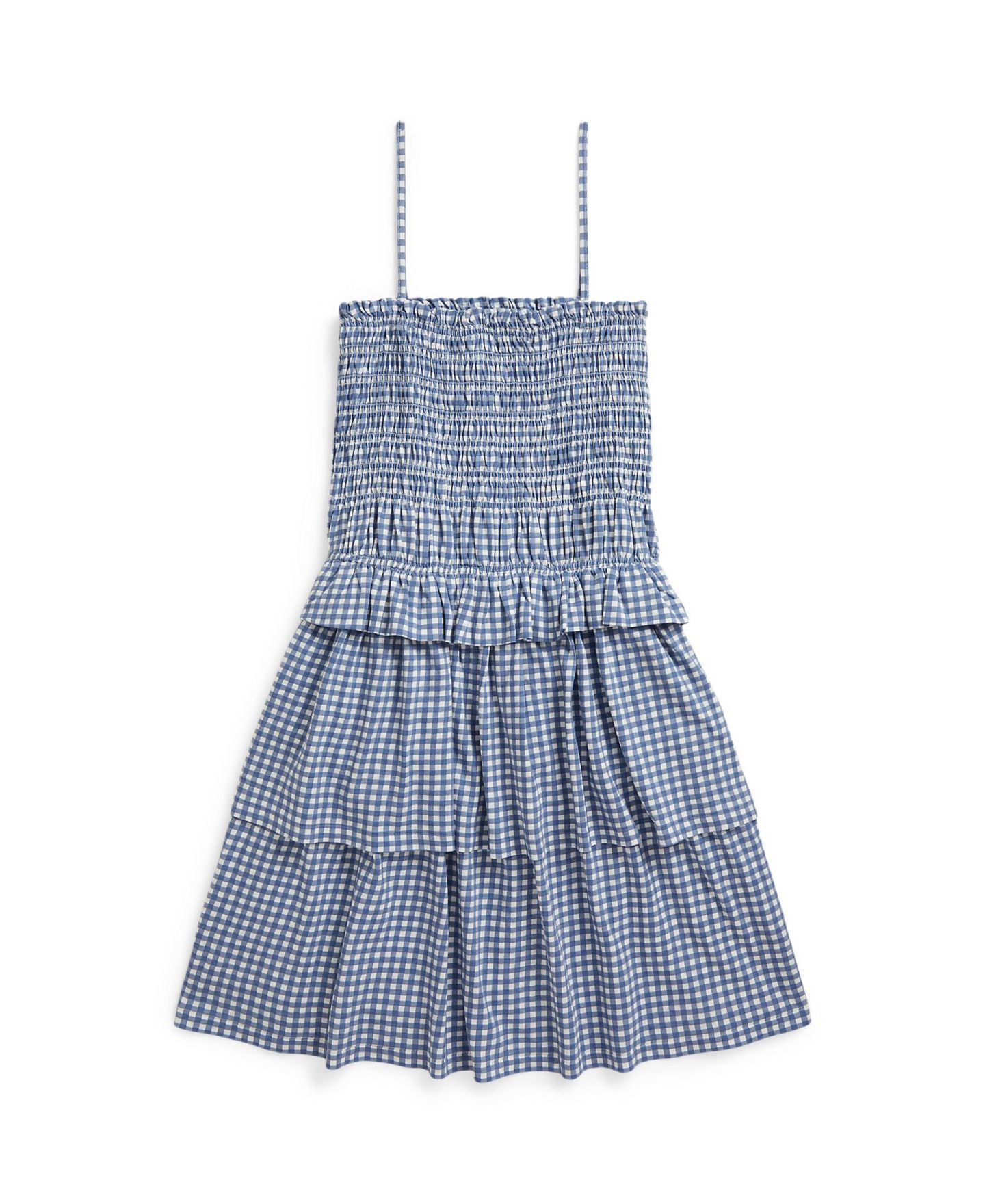 Платье Polo Ralph Lauren Plaid Smocked Straight Neck Jersey Dress для девочек, цвет: Синий в мелкую клетку — фото 5