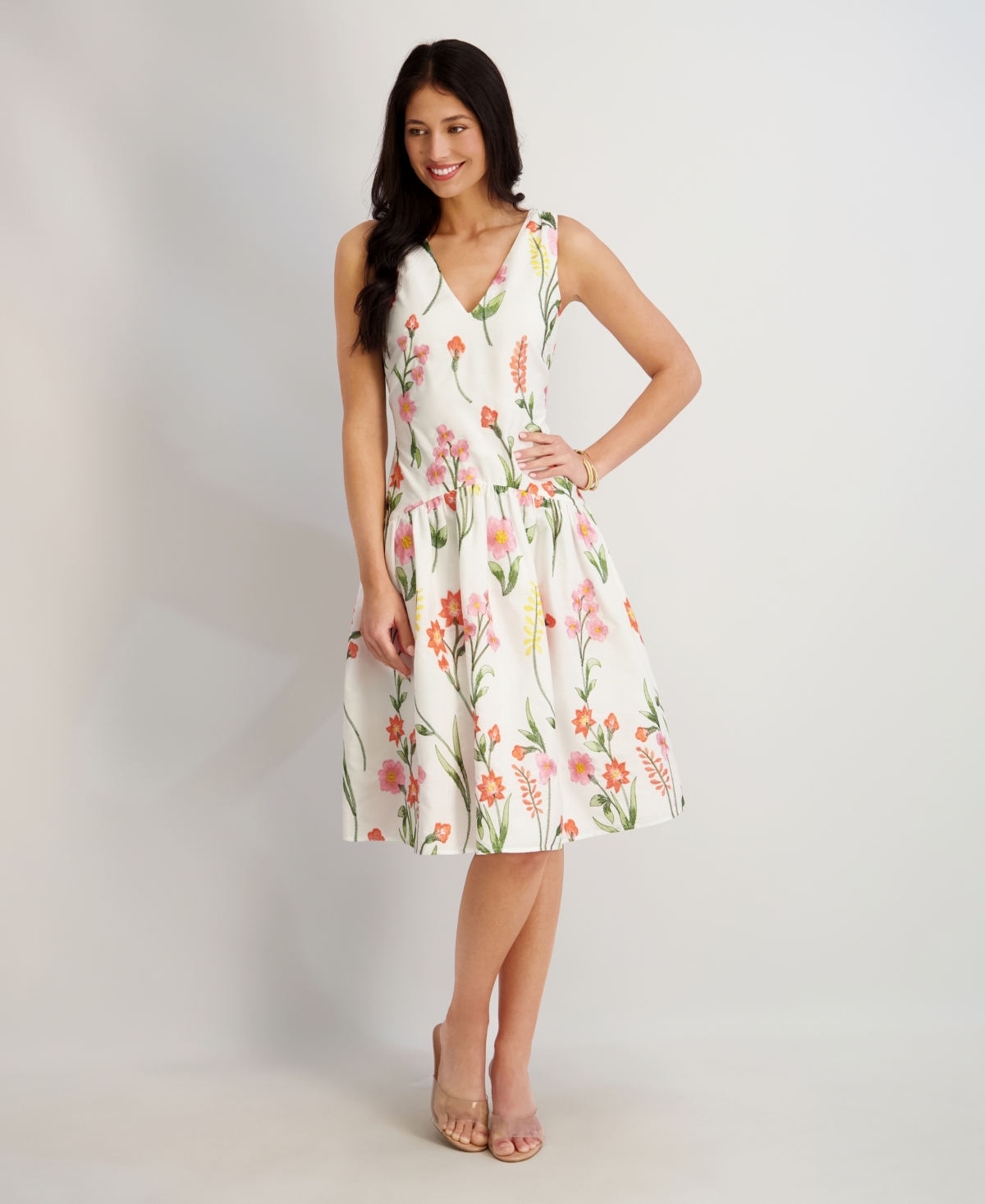 kensie Women's Embroidered V-Neck Dress