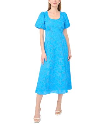 Women's Bubble Sleeve Scoop Neck Eyelet Midi Dress