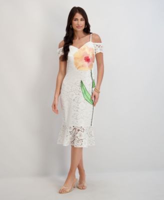 Women's Embroidered Lace Sweetheart Neck Midi Dress