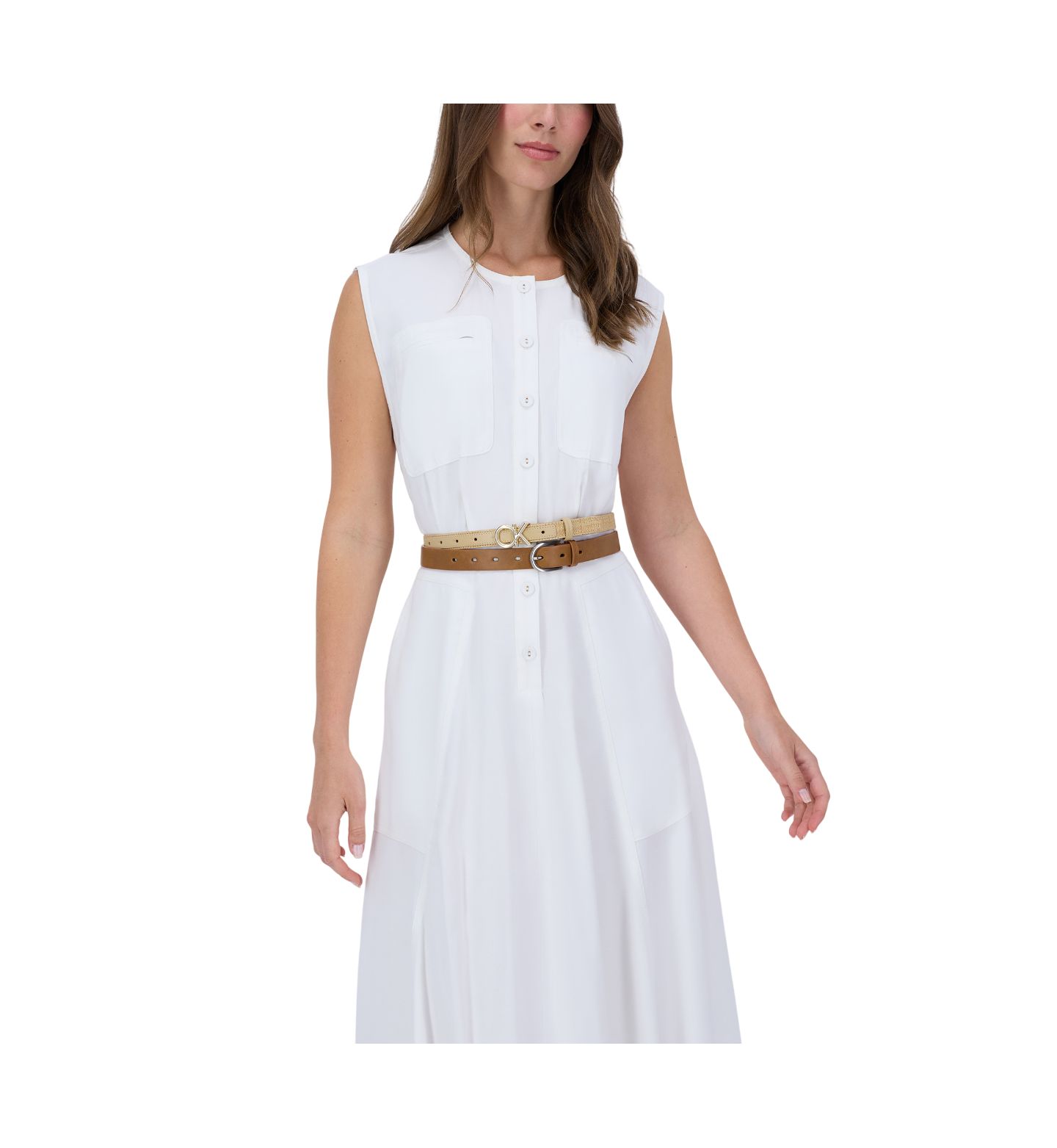 Женские ремни Calvin Klein Two Pack Belt Set - Skinny Monogram Buckle Belt and Harness Buckle Belt Set, цвет: Коньячный / Натуральный — фото 11