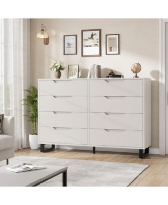 Farmhouse TV Stand with 8 Drawers, 55" Wide Entertainment Center for TVs up to 75 Inch with Metal Legs