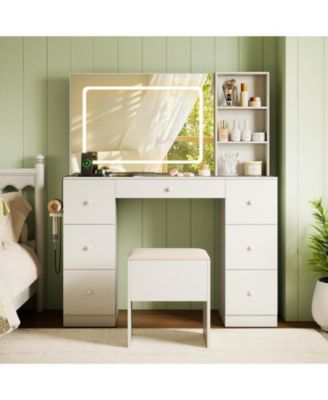 Vanity Desk and Stool Set with Lighted Mirror, Makeup Dressing Table