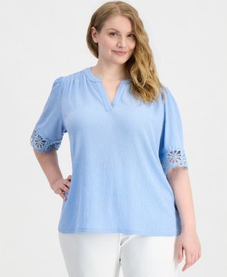Plus Size Split-Neck Lace-Trim Elbow-Sleeve Top