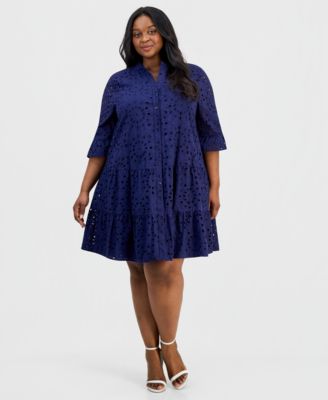 Plus Size Cotton Eyelet Tiered Shirtdress