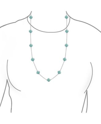 Fashion Long Double Wrap Strand Turquoise Blue Enamel Flower Clover Necklace Gold Plated 40 Inch