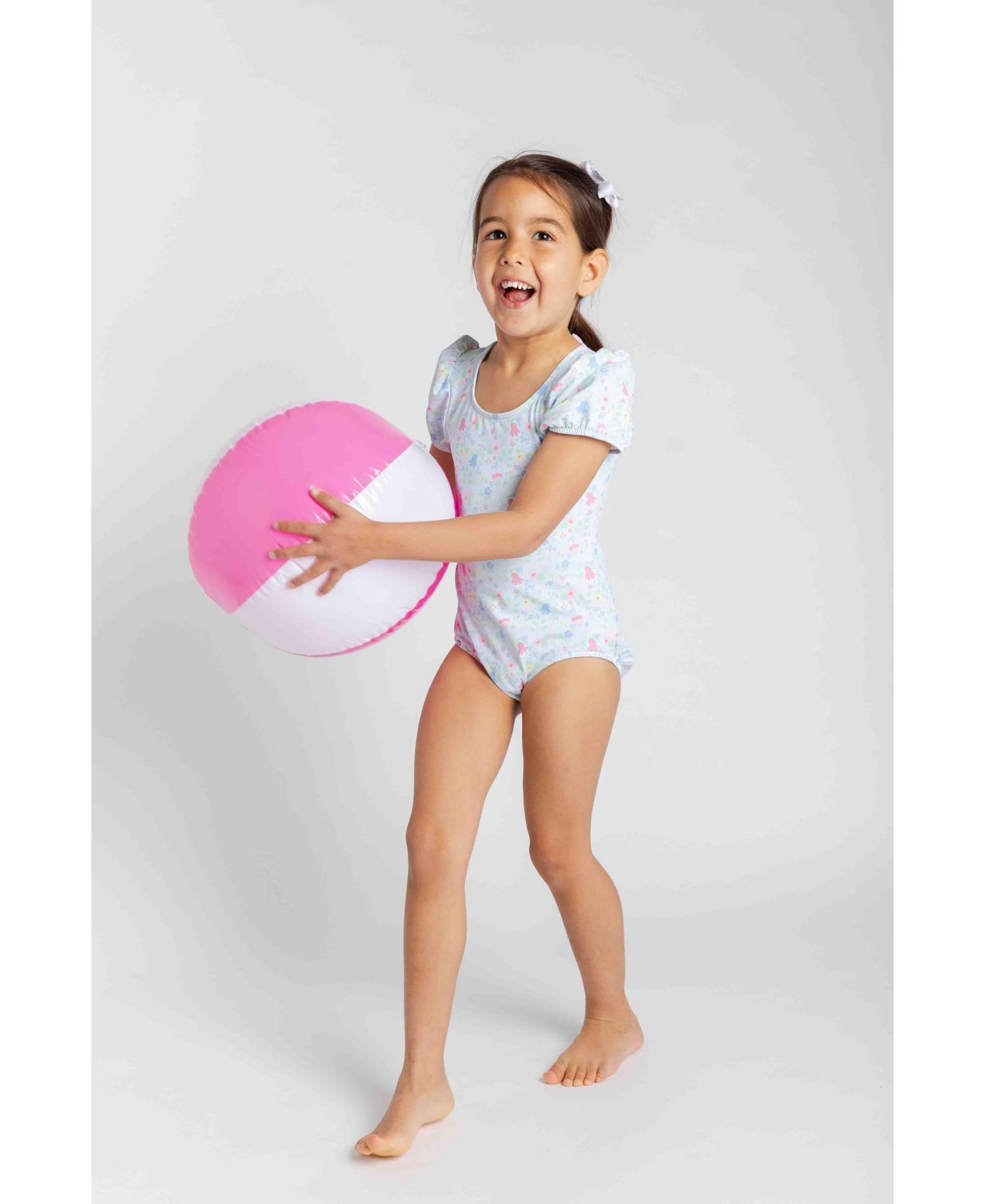 Big Girls Floral Print Swimsuit with Puff Sleeves