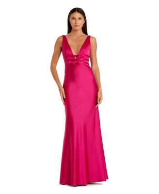 Women's Sleeveless V Neck Satin Gown With Bow Details