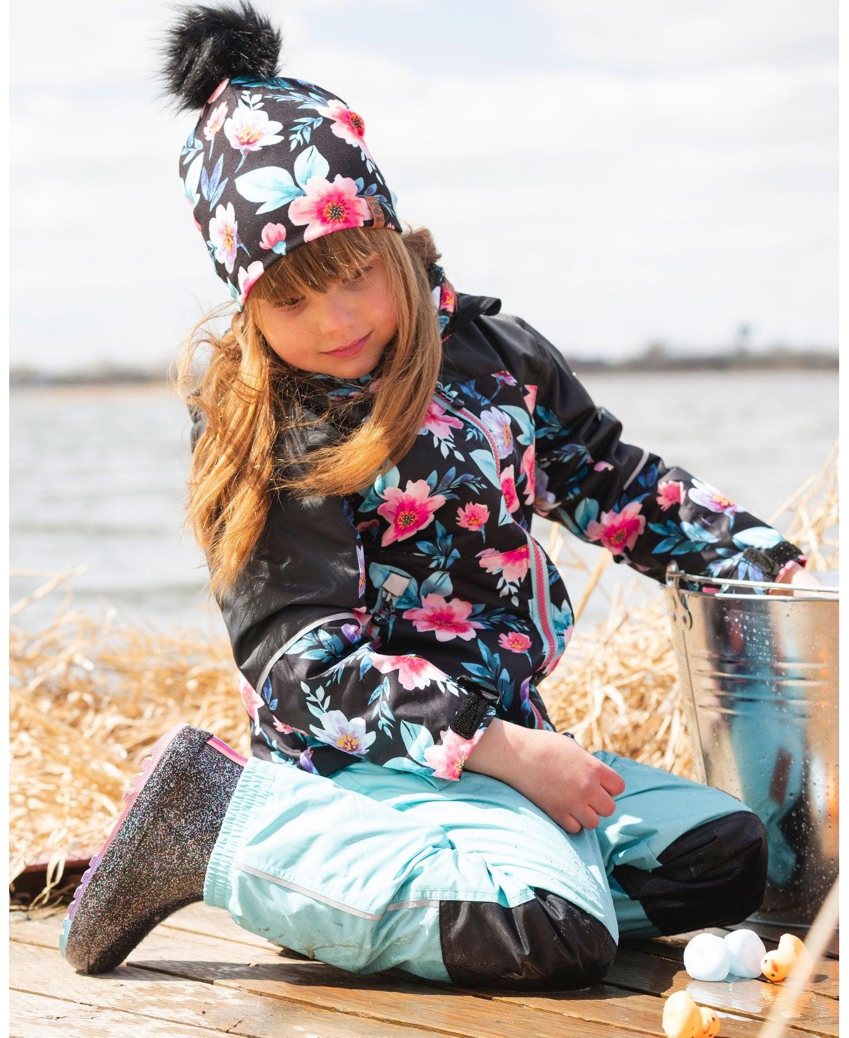 Deux par Deux Baby Girls Stretch Jersey Hat Black Printed Flowers with Pompom