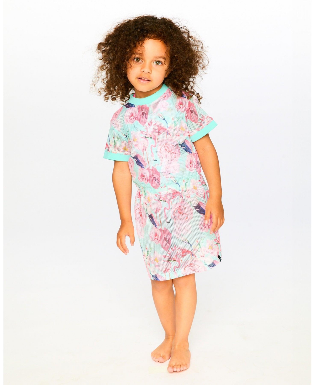 Deux par Girls Mesh Beach Dress Blue Flamingo Print
