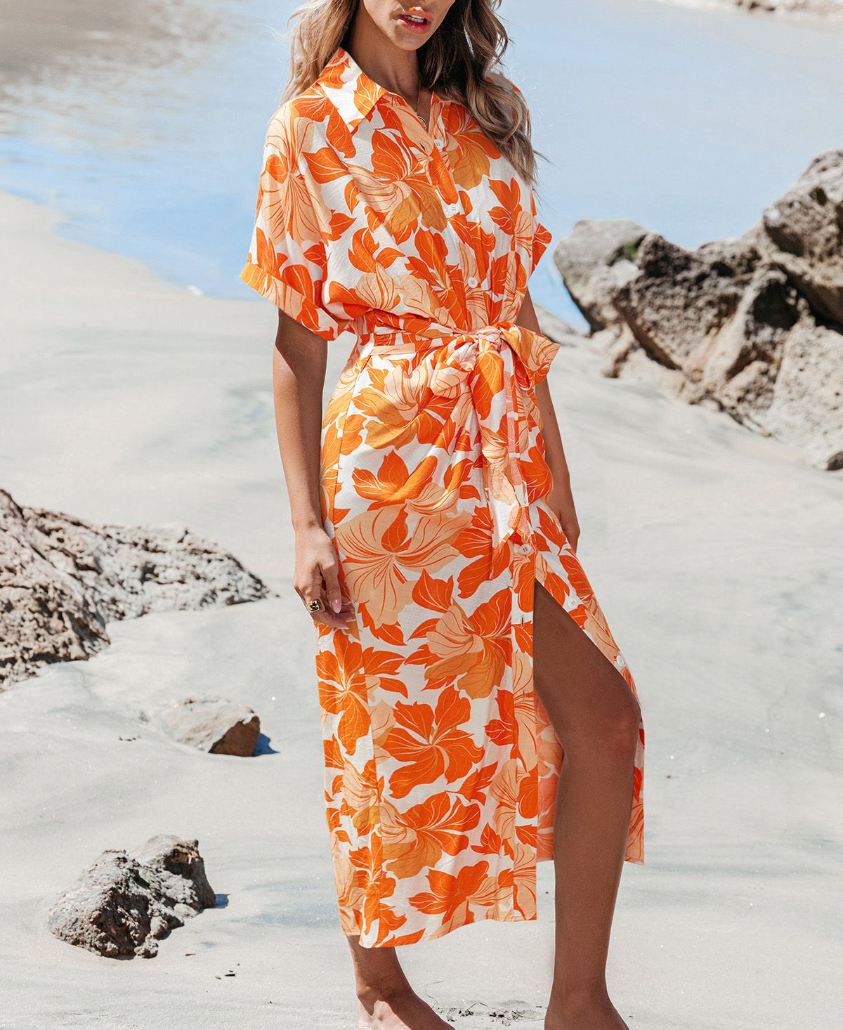 Cupshe Women's Collared Short Sleeve Tie-Front Maxi Dress