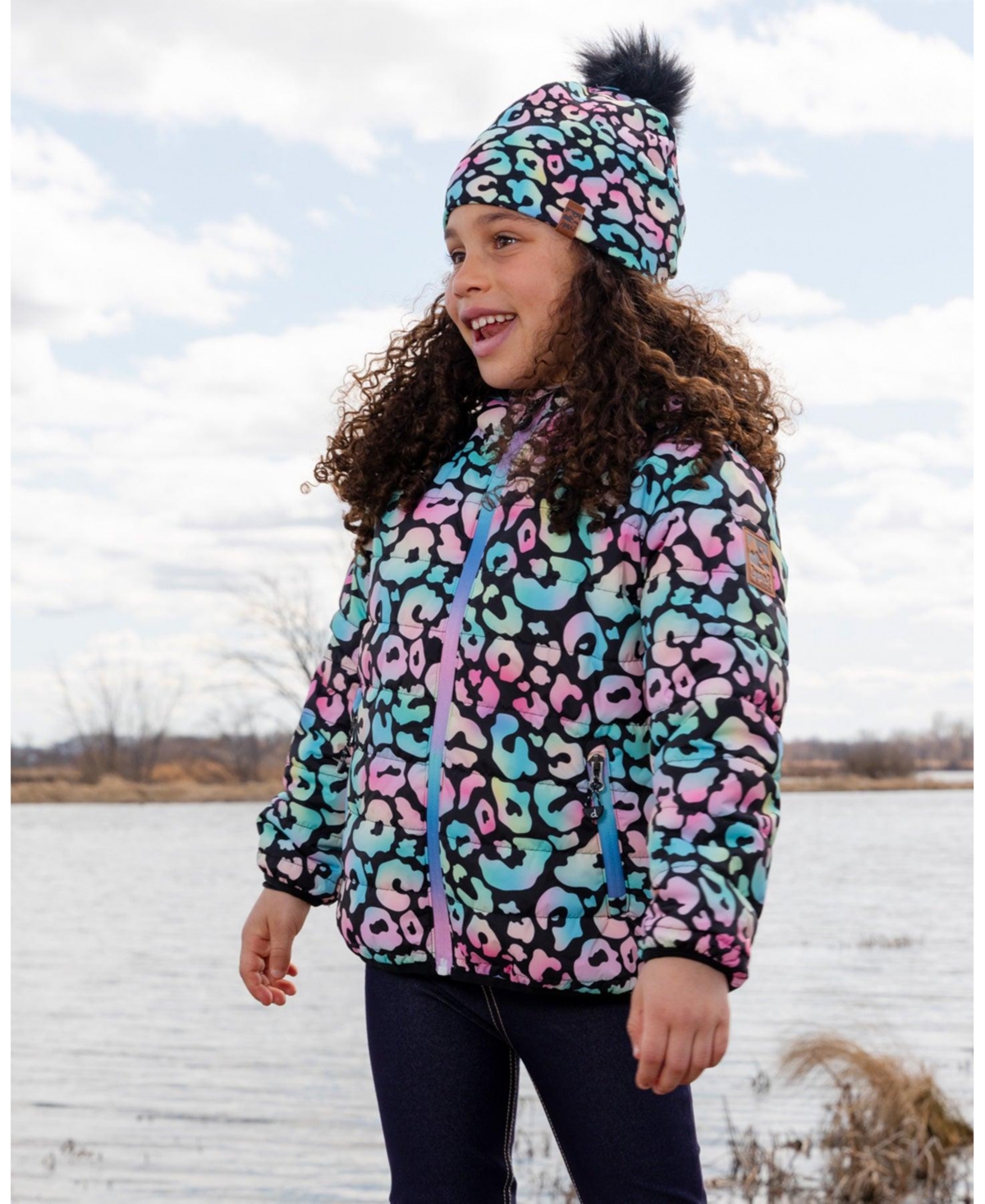 Deux par Big Girls Quilted Mid-Season Jacket Black Animal Print