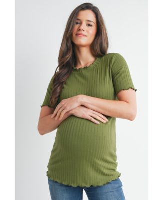 Women's Maternity Ribbed Crew Neck Short Sleeve Top with Lettuce Hem