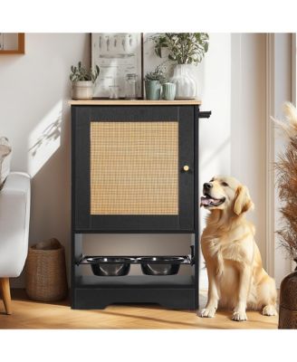 Pet Feeding Station Cabinet with Pull-Out Bowls, Side Hooks, and Anti-Tip Kit, Black