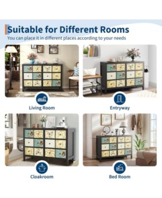 Rustic 6 Drawer Wood Dresser with Metal Handles, Retro Floral Farmhouse Chest for Bedroom/Living Room