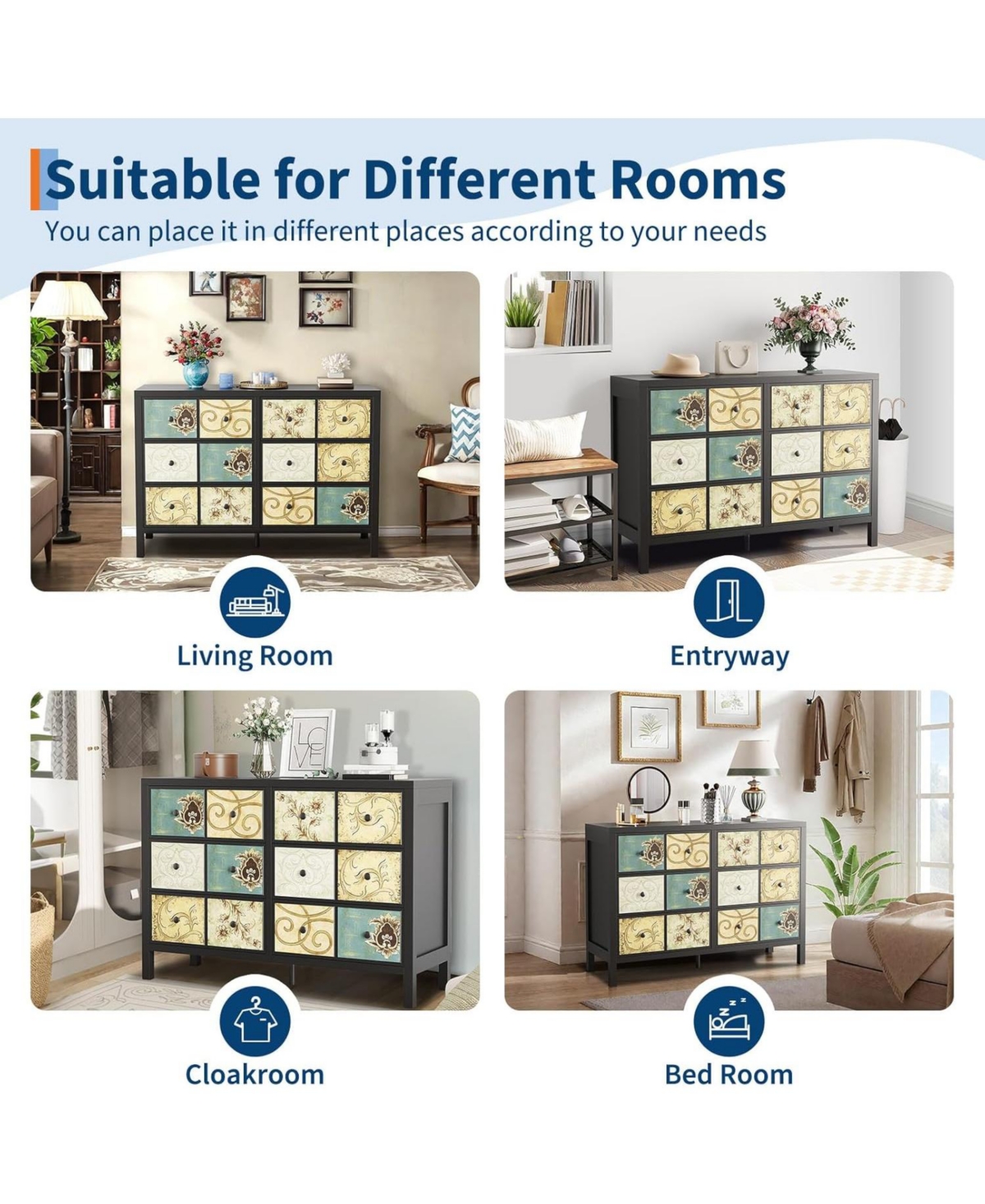 Gaomon Rustic 6 Drawer Wood Dresser with Metal Handles, Retro Floral Farmhouse Chest for Bedroom/Living Room