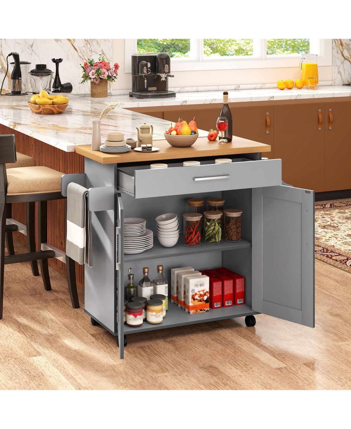 Volenca Kitchen Island Cart with Towel Rack and Spice Rack