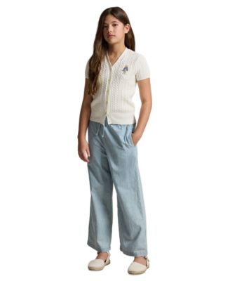 Girls' 7-16 Polo Bear Cable V-Neck Cardigan