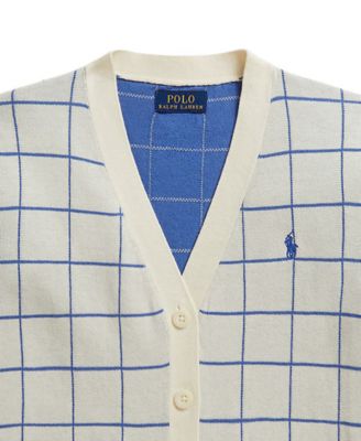 Girls' 7-16 Windowpane V-Neck Cardigan