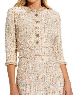 Petite Beaded Trim Boucle Midi Dress with 3/4 Sleeves