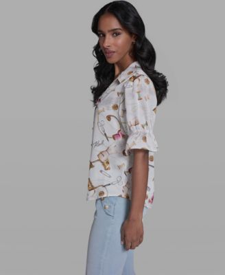 Women's All-Over Printed Button Front Blouse