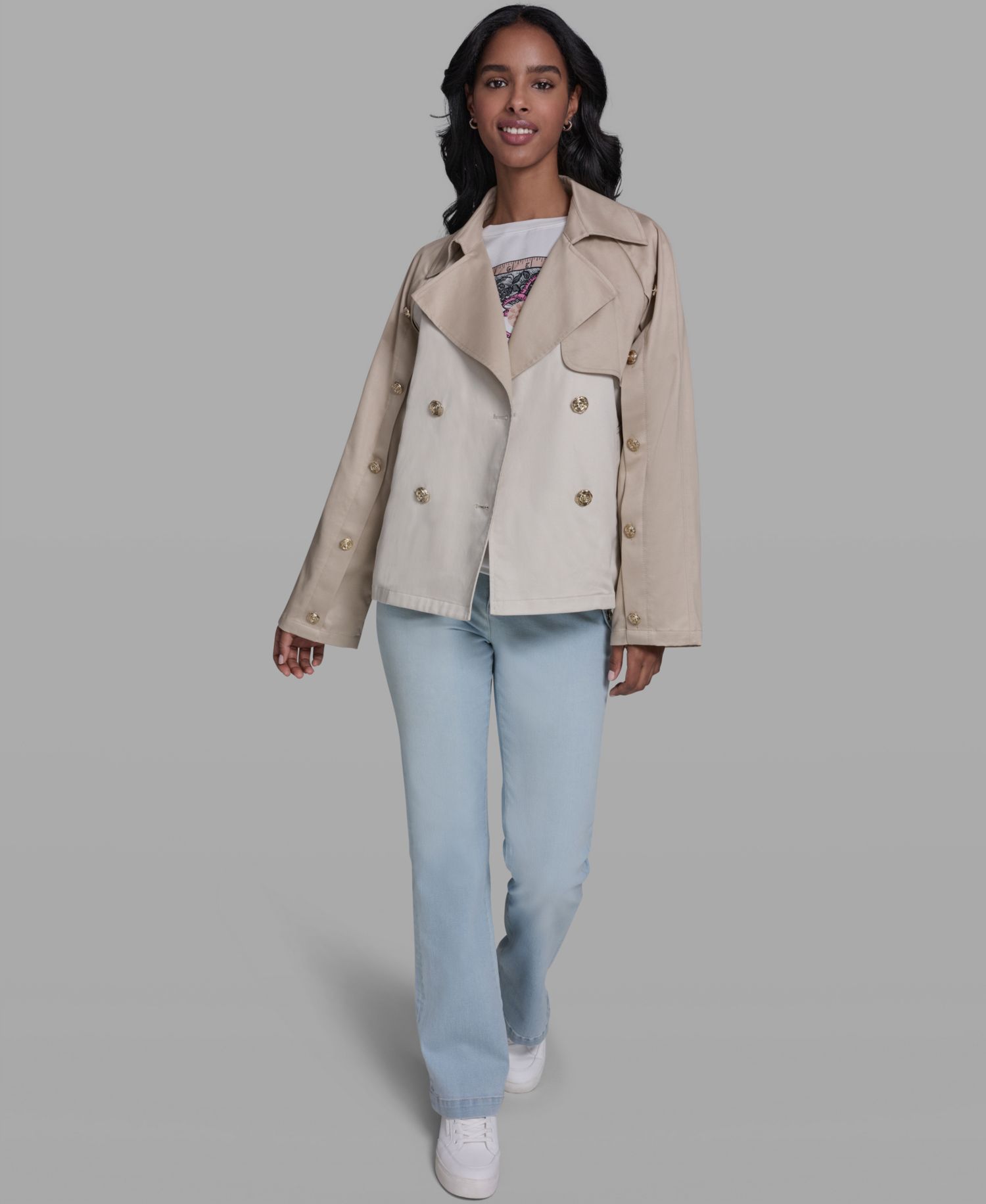 Women's Crop Trench Button-Sleeve Quilted Back Jacket