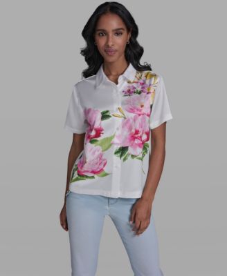 Women's Short-Sleeve Floral Collared Shirt