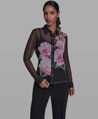 Women's Placed Floral Mesh Collared Shirt