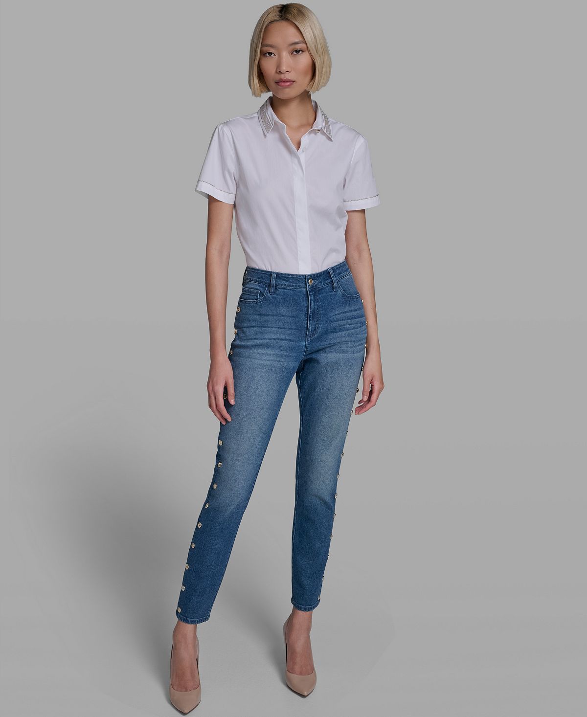 KARL LAGERFELD PARIS Women's Mid-Rise Studded Straight Jeans view 6 — MAYCSS fashion products