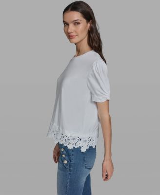 Women's Crew Neck Short-Sleeve Floral Crochet-Trim Top