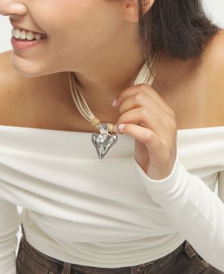 Mixed Beige Silk And Leather Thread Necklace with Sterling Silver Heart Detail