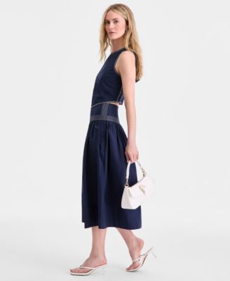 Women's Poplin Topstitch Midi Skirt