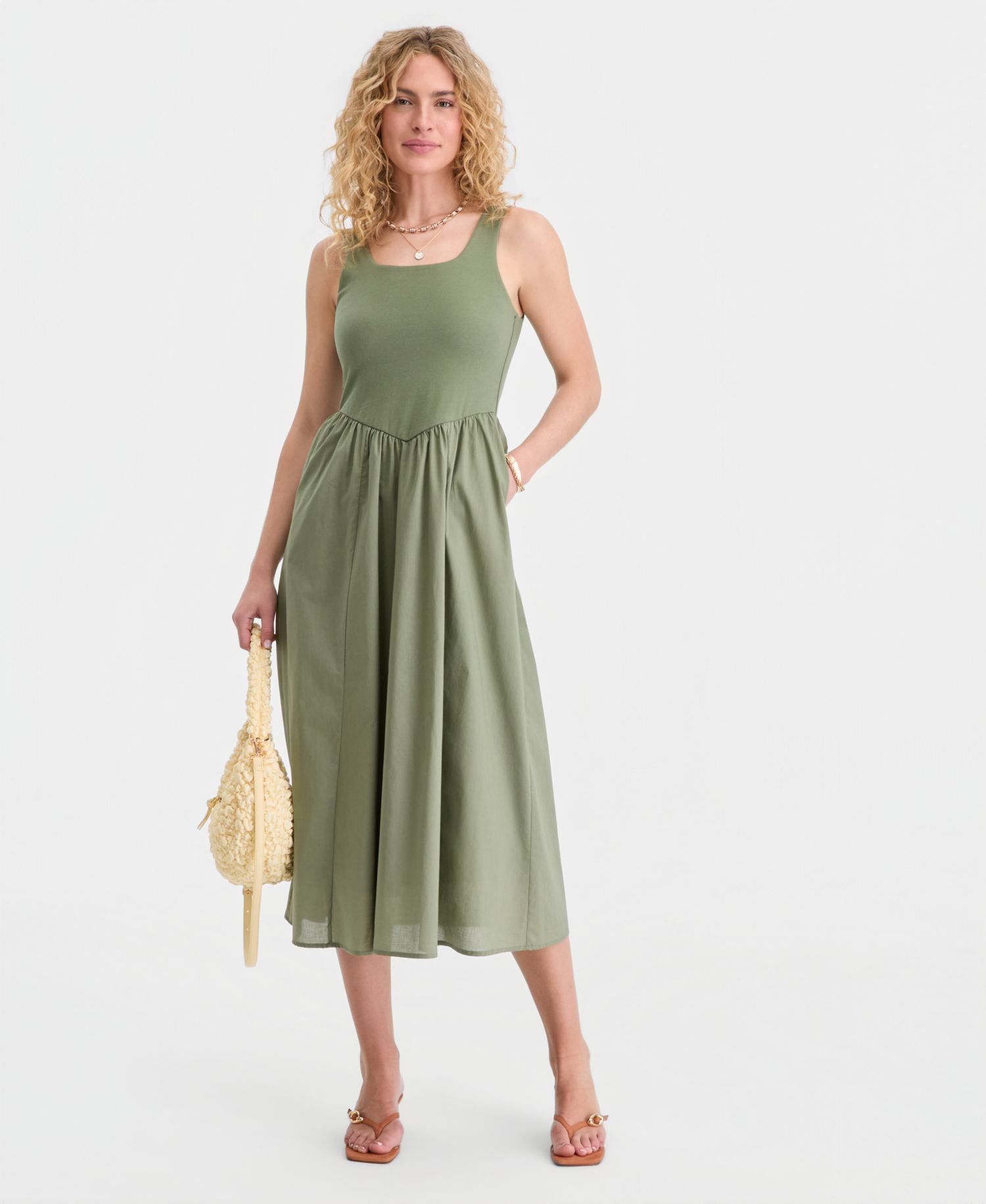 Women's Scoop-Neck Sleeveless Mixed Media Midi Dress