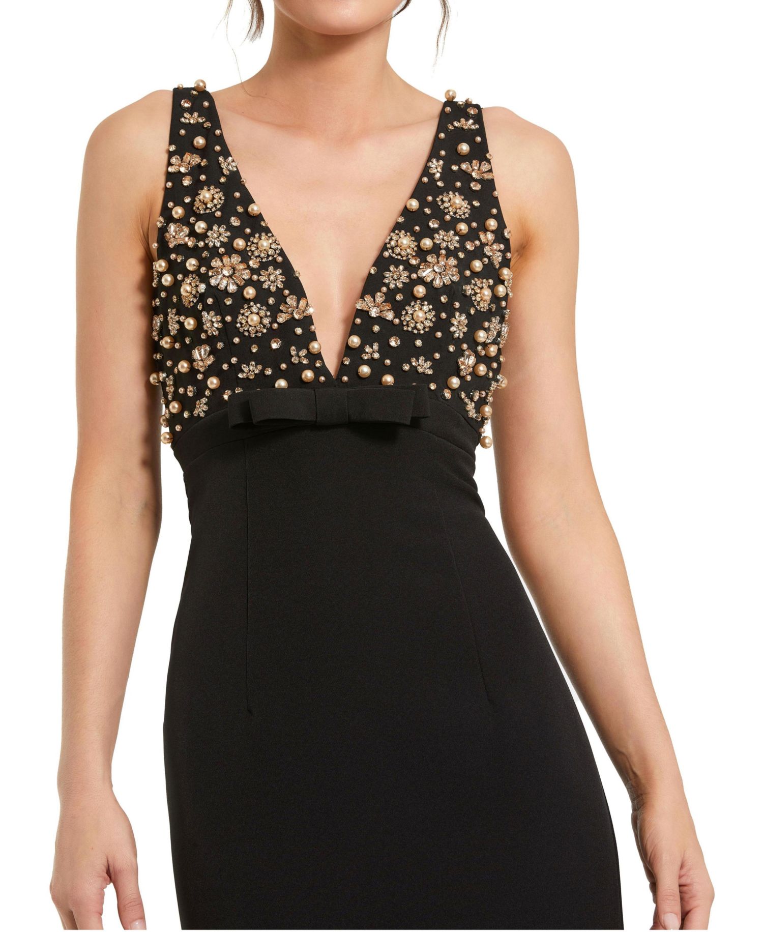 Petite Crepe Sleeveless Beaded V Neck Gown With Bow